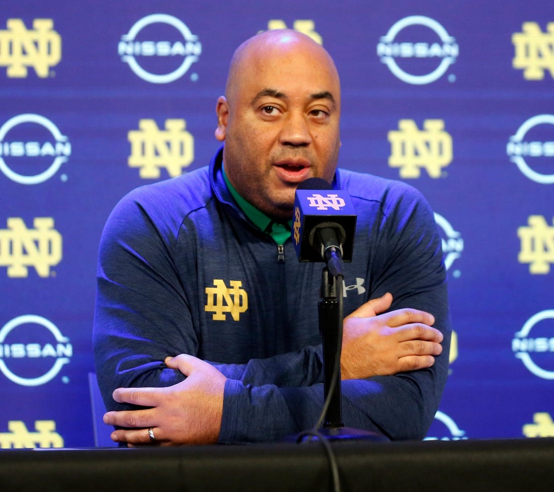 Notre Dame men's basketball head coach Micah Shrewsberry speaks during a signing day press conference Wednesday, Nov. 8, 2023, at Notre Dame Stadium in South Bend.