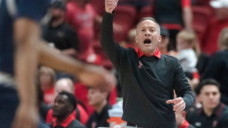 Texas Tech's head coach Grant McCasland calls a play during the first home game against Texas A&M-Commerce, Wednesday, Nov. 8, 2023, at United Supermarkets Arena.