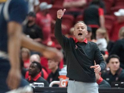 Texas Tech's head coach Grant McCasland calls a play during the first home game against Texas A&M-Commerce, Wednesday, Nov. 8, 2023, at United Supermarkets Arena.