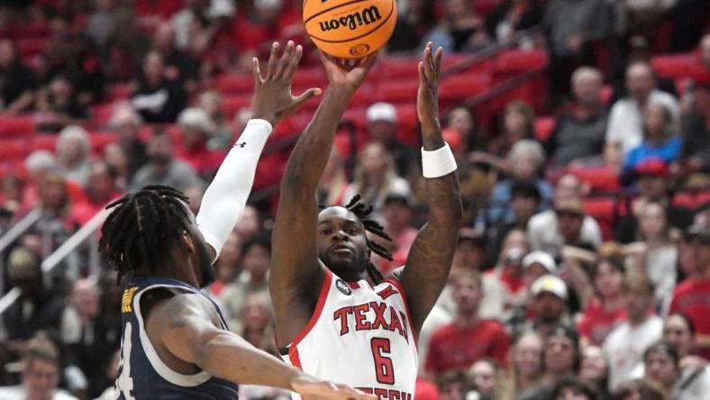 Texas Tech's guard Joe Toussaint (6) shoots the ball against Texas A&M-Commerce in the first home game of the season, Wednesday, Nov. 8, 2023, at United Supermarkets Arena.