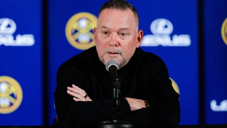 Nov 8, 2023; Denver, Colorado, USA; Denver Nuggets head coach Michael Malone addresses the media before the game against the Golden State Warriors at Ball Arena. Mandatory Credit: Isaiah J. Downing-USA TODAY Sports