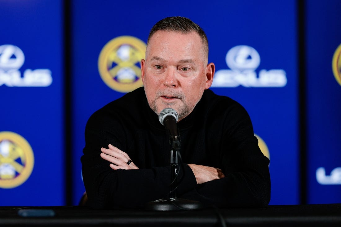 Nov 8, 2023; Denver, Colorado, USA; Denver Nuggets head coach Michael Malone addresses the media before the game against the Golden State Warriors at Ball Arena. Mandatory Credit: Isaiah J. Downing-USA TODAY Sports