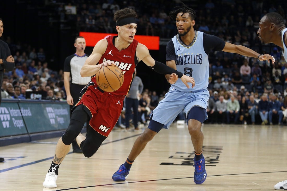 Nov 8, 2023; Memphis, Tennessee, USA; Miami Heat guard Tyler Herro (14) drives to the basket as Memphis Grizzlies forward Ziaire Williams (8) defends during the first half at FedExForum. Mandatory Credit: Petre Thomas-USA TODAY Sports