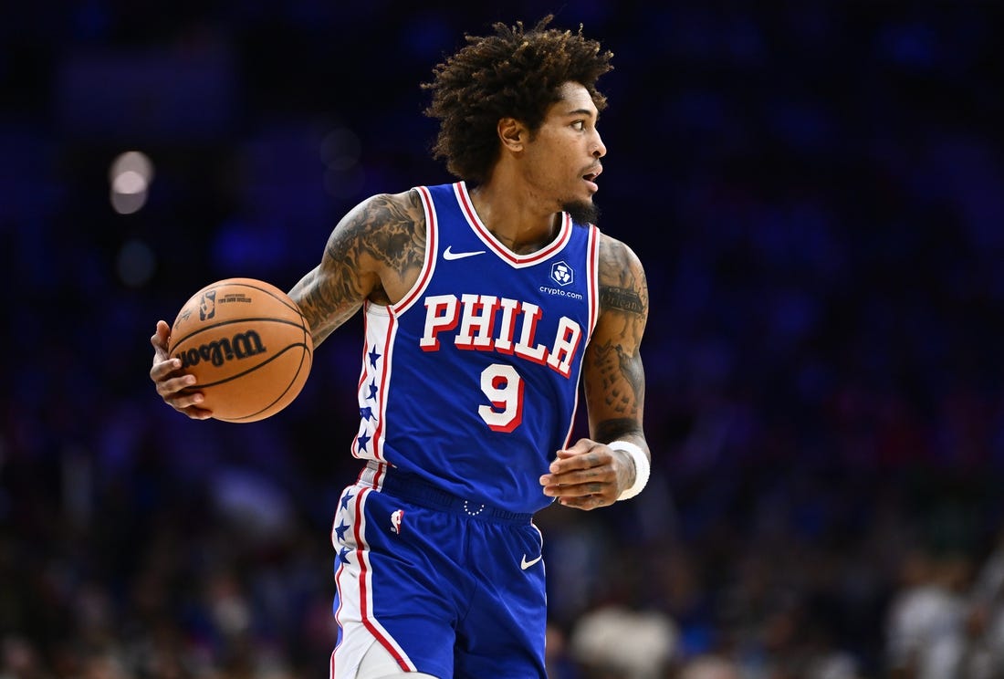 Nov 8, 2023; Philadelphia, Pennsylvania, USA; Philadelphia 76ers guard Kelly Oubre Jr (9) controls the ball against the Boston Celtics in the third quarter at Wells Fargo Center. Mandatory Credit: Kyle Ross-USA TODAY Sports