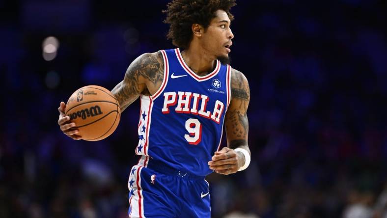 Nov 8, 2023; Philadelphia, Pennsylvania, USA; Philadelphia 76ers guard Kelly Oubre Jr (9) controls the ball against the Boston Celtics in the third quarter at Wells Fargo Center. Mandatory Credit: Kyle Ross-USA TODAY Sports