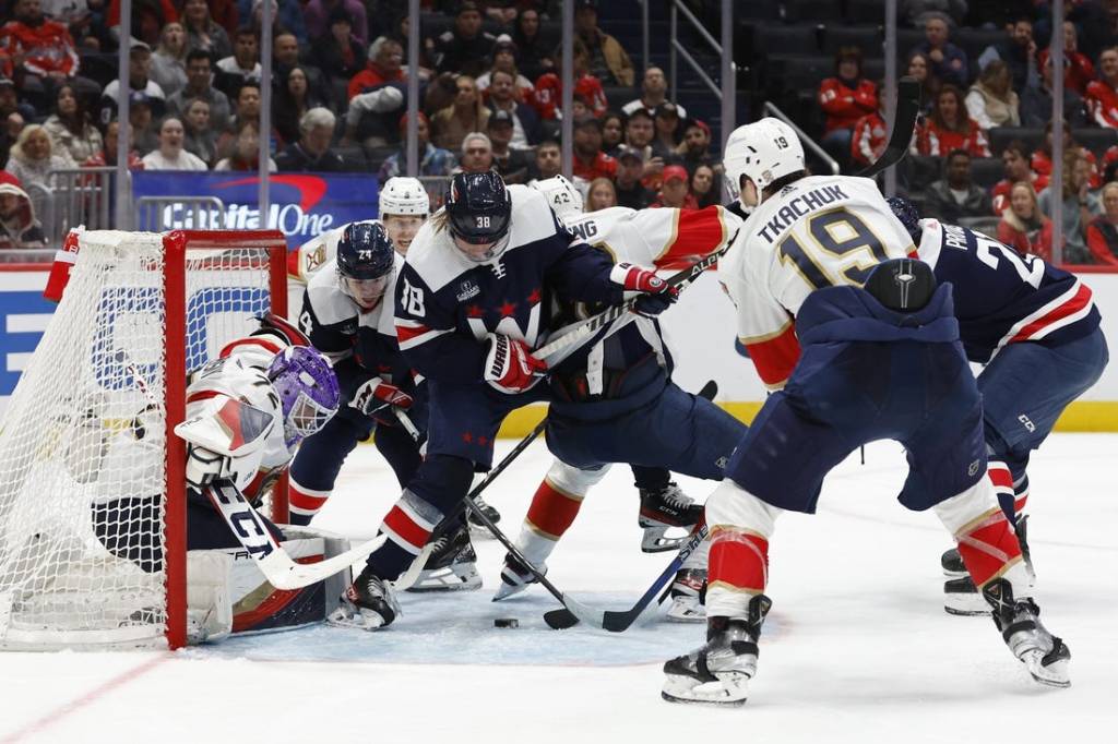 Nov 8, 2023; Washington, District of Columbia, USA; Washington Capitals center Connor McMichael (24) attempts to shoot the puck on Florida Panthers goaltender Sergei Bobrovsky (72) in the third period at Capital One Arena. Mandatory Credit: Geoff Burke-USA TODAY Sports