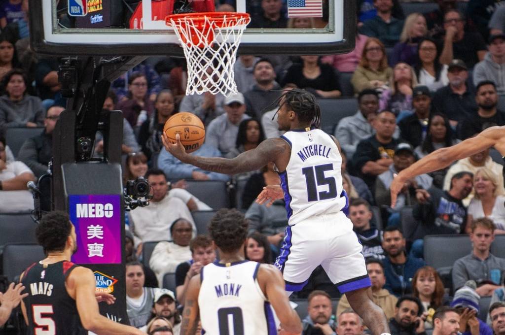 Nov 8, 2023; Sacramento, California, USA; Sacramento Kings guard Davion Mitchell (15) puts up a shot during the first quarter against the Portland Trail Blazers at Golden 1 Center. Mandatory Credit: Ed Szczepanski-USA TODAY Sports