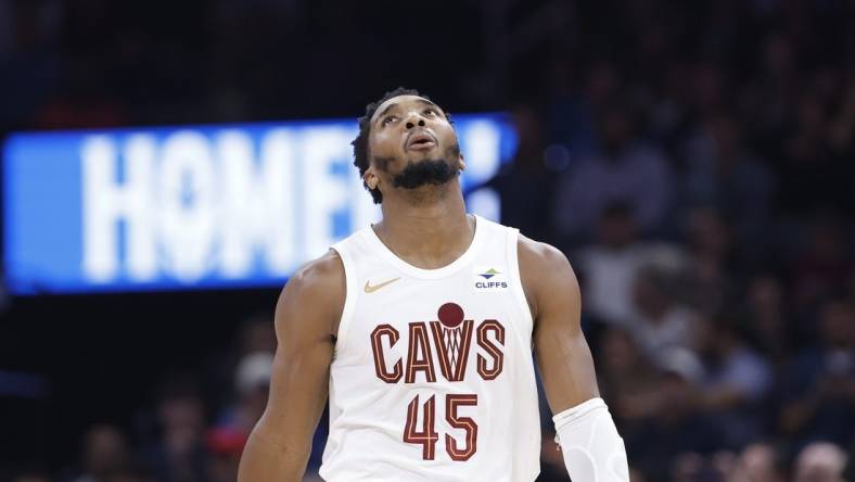 Nov 8, 2023; Oklahoma City, Oklahoma, USA; Cleveland Cavaliers guard Donovan Mitchell (45) reacts after a play against the Oklahoma City Thunder during the second half at Paycom Center. Oklahoma City won 128-120. Mandatory Credit: Alonzo Adams-USA TODAY Sports