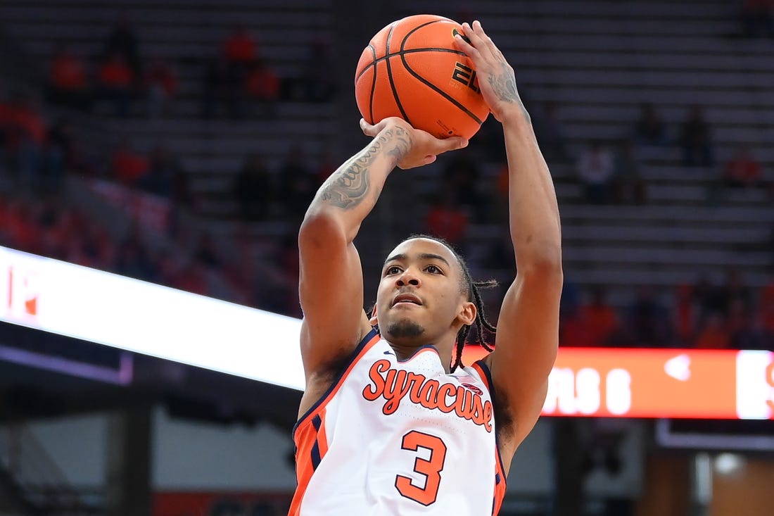 Nov 6, 2023; Syracuse, New York, USA; Syracuse Orange guard Judah Mintz (3) shoots the ball against the New Hampshire Wildcats during the second half at the JMA Wireless Dome. Mandatory Credit: Rich Barnes-USA TODAY Sports