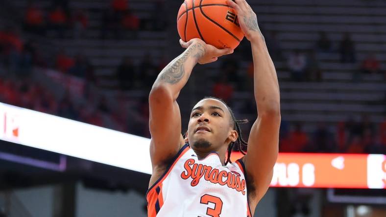 Nov 6, 2023; Syracuse, New York, USA; Syracuse Orange guard Judah Mintz (3) shoots the ball against the New Hampshire Wildcats during the second half at the JMA Wireless Dome. Mandatory Credit: Rich Barnes-USA TODAY Sports