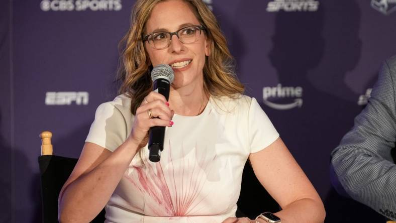 Nov 9, 2023; San Diego, California, USA; NWSL commissioner Jessica Berman speaks at a press conference announcing the league   s new partnerships with CBS Sports, ESPN, Prime Video, and Scripps Sports at Venue 808. Mandatory Credit: Kyle Terada-USA TODAY Sports