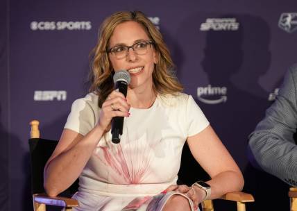 Nov 9, 2023; San Diego, California, USA; NWSL commissioner Jessica Berman speaks at a press conference announcing the league   s new partnerships with CBS Sports, ESPN, Prime Video, and Scripps Sports at Venue 808. Mandatory Credit: Kyle Terada-USA TODAY Sports