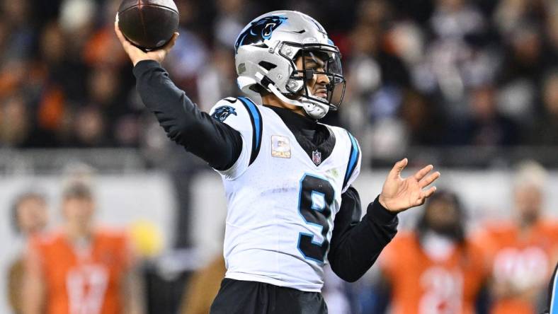 Nov 9, 2023; Chicago, Illinois, USA;  Carolina Panthers quarterback Bryce Young (9) passes in the first half against the Chicago Bears at Soldier Field. Mandatory Credit: Jamie Sabau-USA TODAY Sports