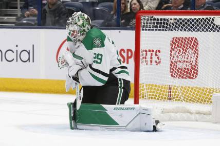 Nov 9, 2023; Columbus, Ohio, USA; Dallas Stars goalie Jake Oettinger (29) makes a save against the Columbus Blue Jackets during the third period at Nationwide Arena. Mandatory Credit: Russell LaBounty-USA TODAY Sports
