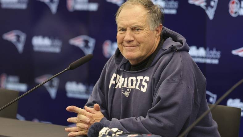 Nov 10, 2023; Frankfurt, Germany;  New England Patriots head coach Bill Belichick speaks to the media before an NFL International Series practice at the Deutcher Fussball-Bund facility. Mandatory Credit: Nathan Ray Seebeck-USA TODAY Sports