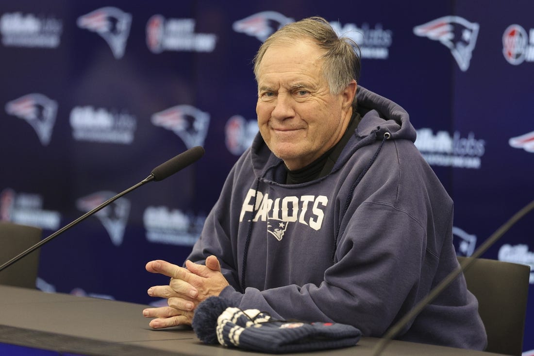 Nov 10, 2023; Frankfurt, Germany;  New England Patriots head coach Bill Belichick speaks to the media before an NFL International Series practice at the Deutcher Fussball-Bund facility. Mandatory Credit: Nathan Ray Seebeck-USA TODAY Sports