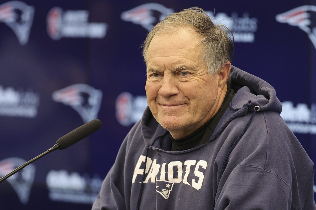 Nov 10, 2023; Frankfurt, Germany;  New England Patriots head coach Bill Belichick speaks to the media before an NFL International Series practice at the Deutcher Fussball-Bund facility. Mandatory Credit: Nathan Ray Seebeck-USA TODAY Sports