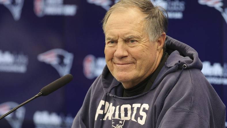 Nov 10, 2023; Frankfurt, Germany;  New England Patriots head coach Bill Belichick speaks to the media before an NFL International Series practice at the Deutcher Fussball-Bund facility. Mandatory Credit: Nathan Ray Seebeck-USA TODAY Sports