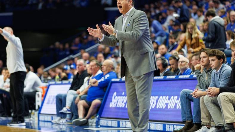 Nov 10, 2023; Lexington, Kentucky, USA; Kentucky Wildcats head coach John Calipari coaches during the first half against the Texas A&M Commerce Lions at Rupp Arena at Central Bank Center. Mandatory Credit: Jordan Prather-USA TODAY Sports