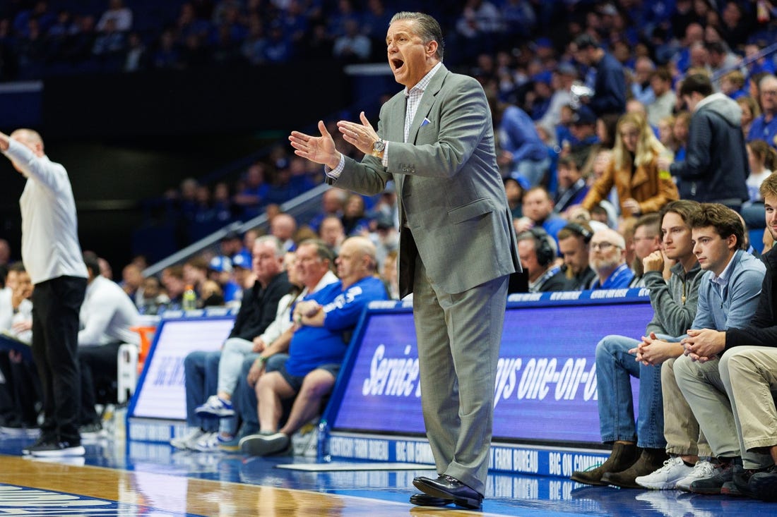 Nov 10, 2023; Lexington, Kentucky, USA; Kentucky Wildcats head coach John Calipari coaches during the first half against the Texas A&M Commerce Lions at Rupp Arena at Central Bank Center. Mandatory Credit: Jordan Prather-USA TODAY Sports