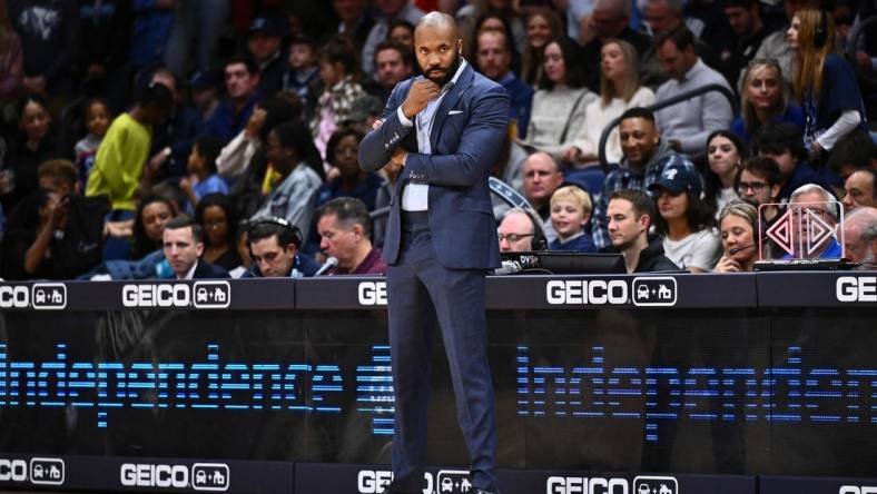 Nov 10, 2023; Villanova, Pennsylvania, USA; Villanova Wildcats head coach Kyle Neptune looks on against the Le Moyne Dolphins in the second half at William B. Finneran Pavilion. Mandatory Credit: Kyle Ross-USA TODAY Sports