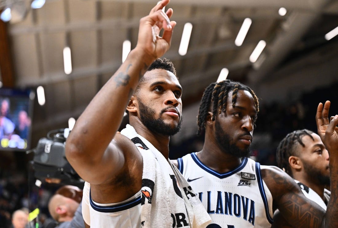 Nov 10, 2023; Villanova, Pennsylvania, USA; Villanova Wildcats forward Eric Dixon (43) celebrates with teammates after the game against the Le Moyne Dolphins at William B. Finneran Pavilion. Mandatory Credit: Kyle Ross-USA TODAY Sports