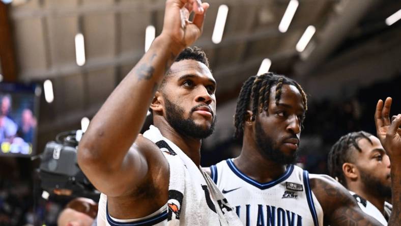 Nov 10, 2023; Villanova, Pennsylvania, USA; Villanova Wildcats forward Eric Dixon (43) celebrates with teammates after the game against the Le Moyne Dolphins at William B. Finneran Pavilion. Mandatory Credit: Kyle Ross-USA TODAY Sports