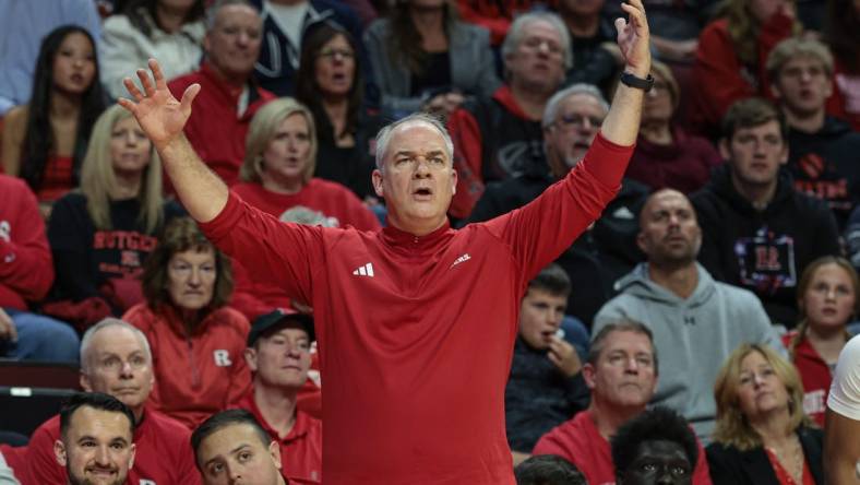 Nov 10, 2023; Piscataway, New Jersey, USA; Rutgers Scarlet Knights head coach Steve Pikiell reacts during the second half against the Boston University Terriers at Jersey Mike's Arena. Mandatory Credit: Vincent Carchietta-USA TODAY Sports