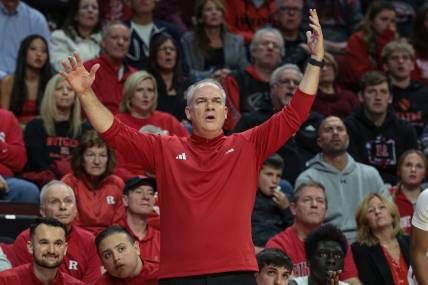 Nov 10, 2023; Piscataway, New Jersey, USA; Rutgers Scarlet Knights head coach Steve Pikiell reacts during the second half against the Boston University Terriers at Jersey Mike's Arena. Mandatory Credit: Vincent Carchietta-USA TODAY Sports