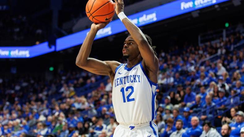 Nov 10, 2023; Lexington, Kentucky, USA; Kentucky Wildcats guard Antonio Reeves (12) shoots the ball during the second half against the Texas A&M Commerce Lions at Rupp Arena at Central Bank Center. Mandatory Credit: Jordan Prather-USA TODAY Sports