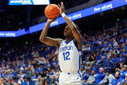 Nov 10, 2023; Lexington, Kentucky, USA; Kentucky Wildcats guard Antonio Reeves (12) shoots the ball during the second half against the Texas A&M Commerce Lions at Rupp Arena at Central Bank Center. Mandatory Credit: Jordan Prather-USA TODAY Sports