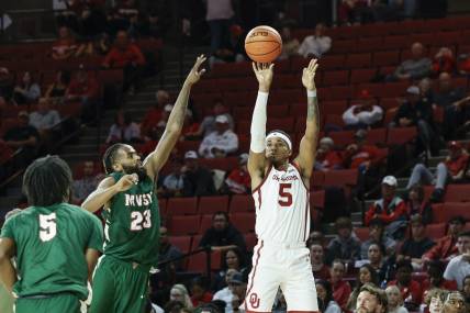 Nov 10, 2023; Norman, Oklahoma, USA; Oklahoma Sooners guard Rivaldo Soares (5) shoots against Mississippi Valley State Delta Devils during the second half at Lloyd Noble Center. Mandatory Credit: Alonzo Adams-USA TODAY Sports