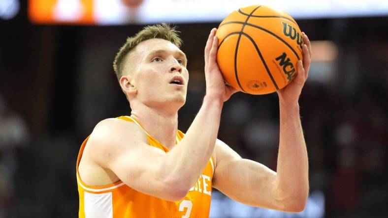 Nov 10, 2023; Madison, Wisconsin, USA; Tennessee Volunteers guard Dalton Knecht (3) shoots a free throw during the first half against the Wisconsin Badgers at the Kohl Center. Mandatory Credit: Kayla Wolf-USA TODAY Sports