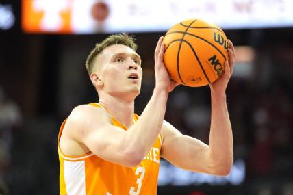 Nov 10, 2023; Madison, Wisconsin, USA; Tennessee Volunteers guard Dalton Knecht (3) shoots a free throw during the first half against the Wisconsin Badgers at the Kohl Center. Mandatory Credit: Kayla Wolf-USA TODAY Sports
