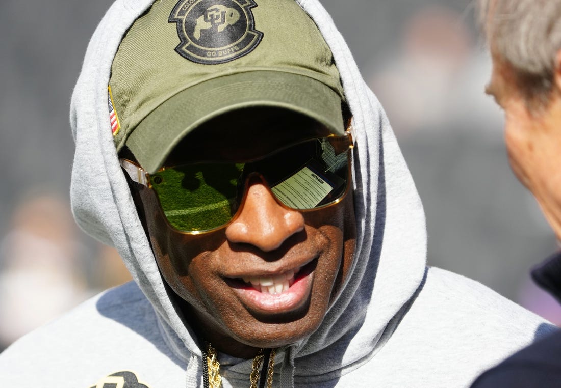 Nov 11, 2023; Boulder, Colorado, USA; Colorado Buffaloes head coach Deion Sanders before the game against the Arizona Wildcats at Folsom Field. Mandatory Credit: Ron Chenoy-USA TODAY Sports