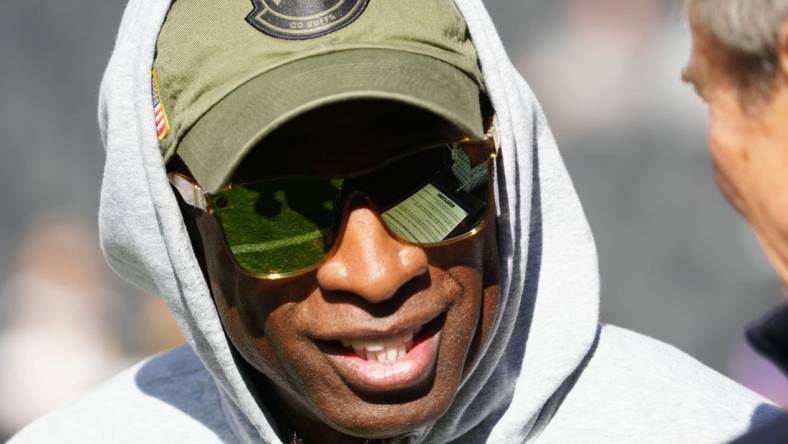 Nov 11, 2023; Boulder, Colorado, USA; Colorado Buffaloes head coach Deion Sanders before the game against the Arizona Wildcats at Folsom Field. Mandatory Credit: Ron Chenoy-USA TODAY Sports