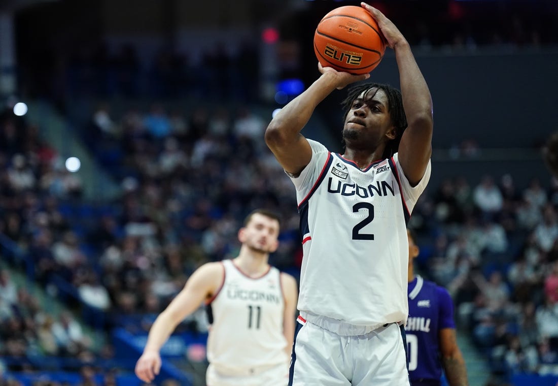 Nov 11, 2023; Hartford, Connecticut, USA; UConn Huskies guard Tristen Newton (2) shoots a free throw against the Stonehill Skyhawks in the second half at XL Center. Mandatory Credit: David Butler II-USA TODAY Sports