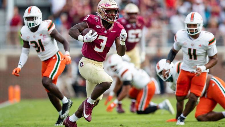 The Florida State Seminoles and the Miami Hurricanes are tied 10-10 at the half on Saturday, Nov. 11, 2023.