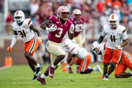 The Florida State Seminoles and the Miami Hurricanes are tied 10-10 at the half on Saturday, Nov. 11, 2023.