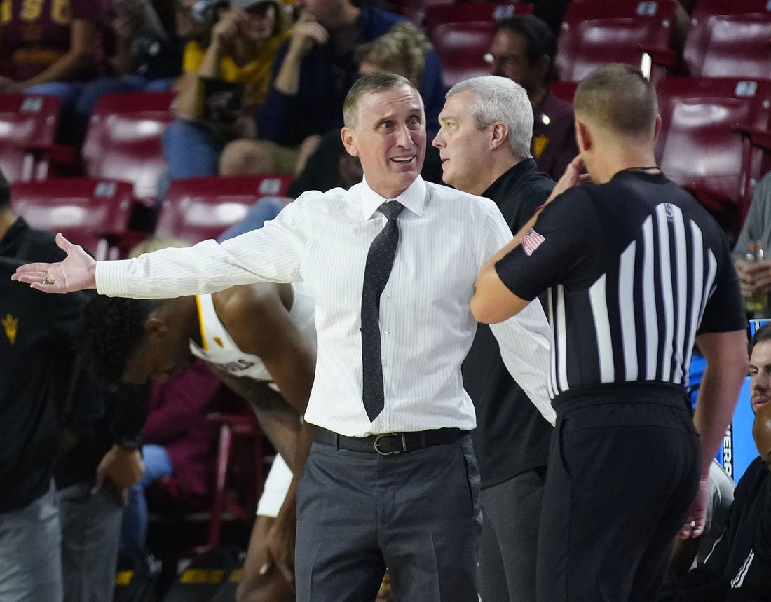 November 11, 2023; Tempe, Ariz.; USA; ASU head coach Bobby Hurley argues with an official during the season opener against Texas Southern at Desert Financial Arena.