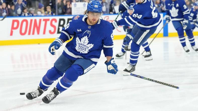 Nov 11, 2023; Toronto, Ontario, CAN; Toronto Maple Leafs right wing William Nylander (88) skates during the warmup before a game against the Vancouver Canucks at Scotiabank Arena. Mandatory Credit: Nick Turchiaro-USA TODAY Sports