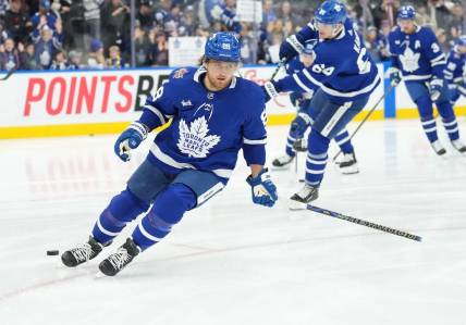 Nov 11, 2023; Toronto, Ontario, CAN; Toronto Maple Leafs right wing William Nylander (88) skates during the warmup before a game against the Vancouver Canucks at Scotiabank Arena. Mandatory Credit: Nick Turchiaro-USA TODAY Sports