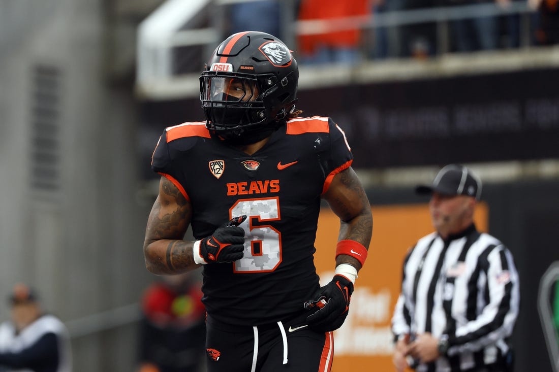 Nov 11, 2023; Corvallis, Oregon, USA; Oregon State Beavers running back Damien Martinez (6) celebrates after scoring a touchdown during the first half against the Stanford Cardinal at Reser Stadium. Mandatory Credit: Soobum Im-USA TODAY Sports