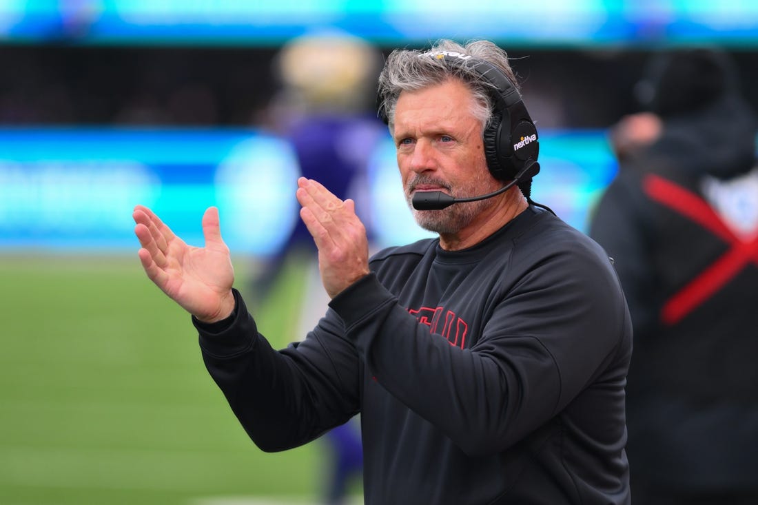 Nov 11, 2023; Seattle, Washington, USA; Utah Utes head coach Kyle Whittingham during the first half against the Washington Huskies at Alaska Airlines Field at Husky Stadium. Mandatory Credit: Steven Bisig-USA TODAY Sports