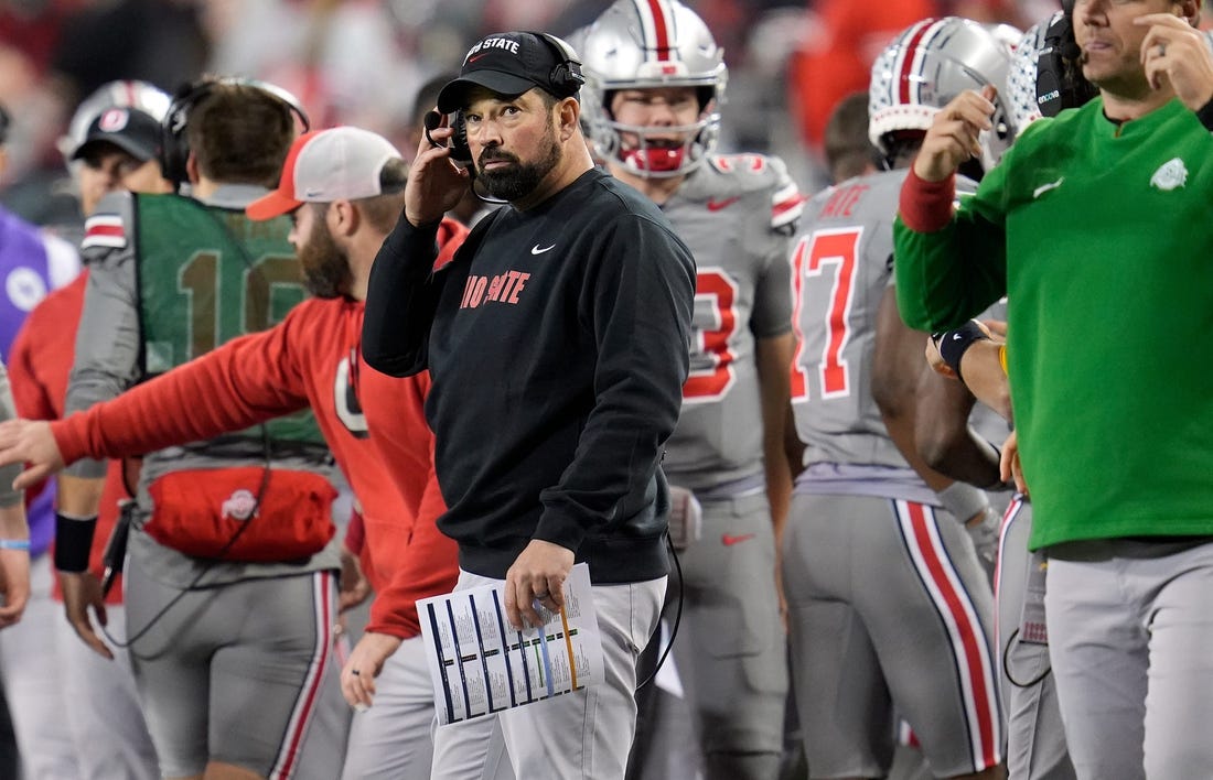 Nov 11, 2023; Columbus, Ohio, USA; Ohio State coach Ryan Day watches the team during the NCAA football game against Michigan State University at Ohio Stadium.