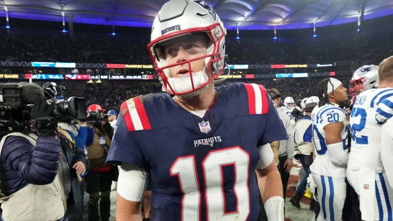 Nov 12, 2023; Frankfurt, Germany; New England Patriots quarterback Mac Jones (10) leaves the field after an NFL International Series game against the Indianapolis Colts at Deutsche Bank Park. Mandatory Credit: Kirby Lee-USA TODAY Sports