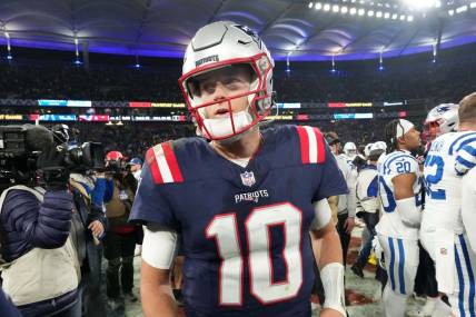 Nov 12, 2023; Frankfurt, Germany; New England Patriots quarterback Mac Jones (10) leaves the field after an NFL International Series game against the Indianapolis Colts at Deutsche Bank Park. Mandatory Credit: Kirby Lee-USA TODAY Sports