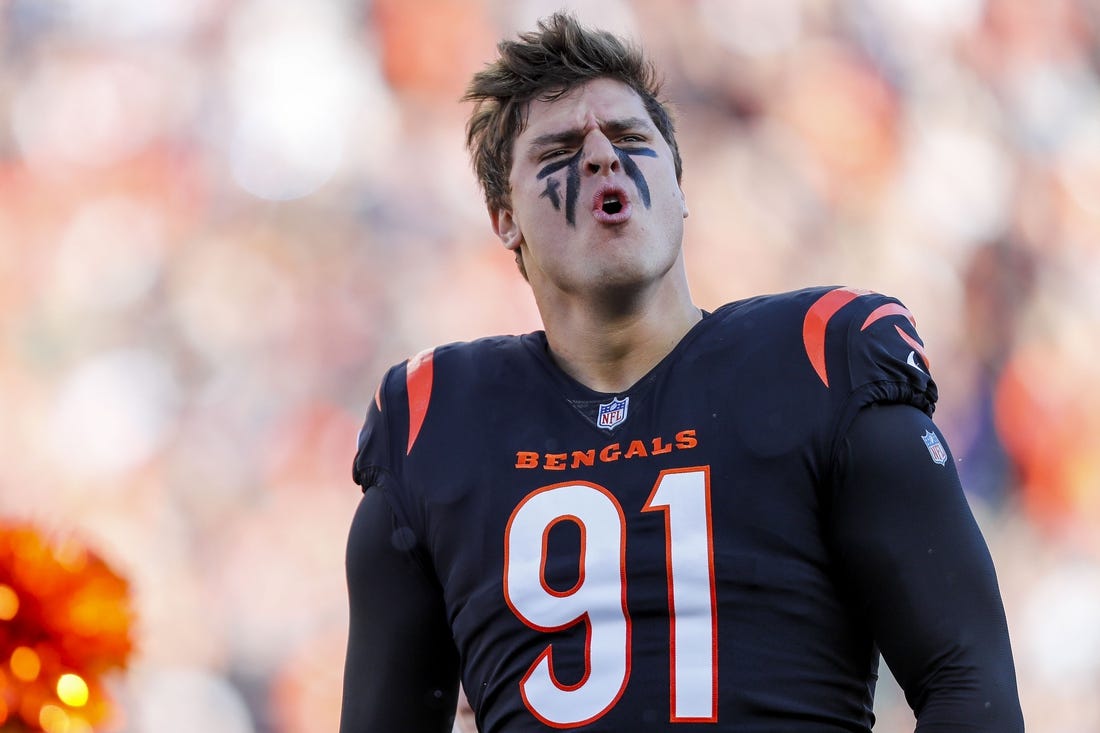 Nov 12, 2023; Cincinnati, Ohio, USA; Cincinnati Bengals defensive end Trey Hendrickson (91) runs onto the field before the game against the Houston Texans at Paycor Stadium. Mandatory Credit: Katie Stratman-USA TODAY Sports