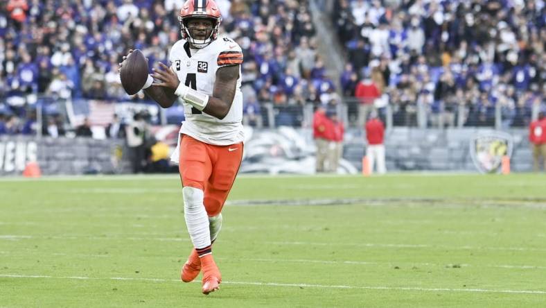 Nov 12, 2023; Baltimore, Maryland, USA;  Cleveland Browns quarterback Deshaun Watson (4) throws on the run during the second halfagainst the Baltimore Ravens at M&T Bank Stadium. Mandatory Credit: Tommy Gilligan-USA TODAY Sports