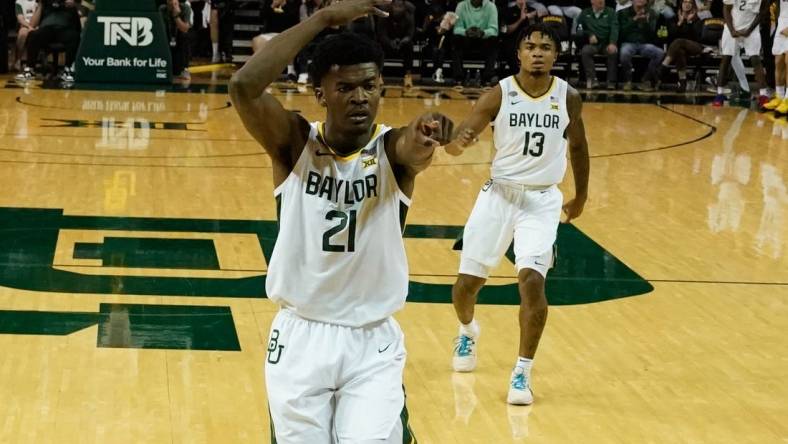 Nov 12, 2023; Waco, Texas, USA;  Baylor Bears center Yves Missi (21) receives a technical foul for taunting against the Gardner Webb Runnin Bulldogs during the first half at Ferrell Center. Mandatory Credit: Chris Jones-USA TODAY Sports
